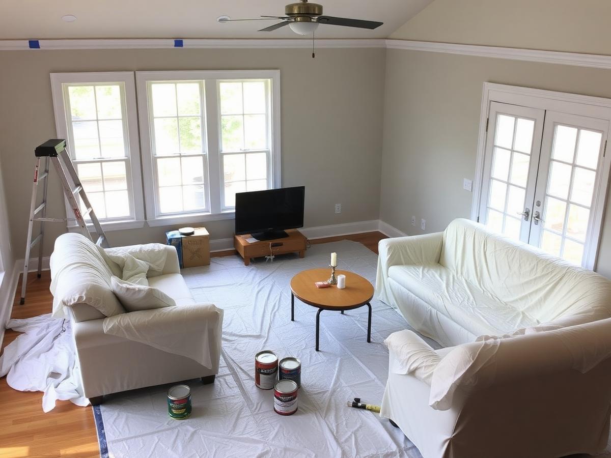 Living room prepped for painting with drop cloths covering furniture